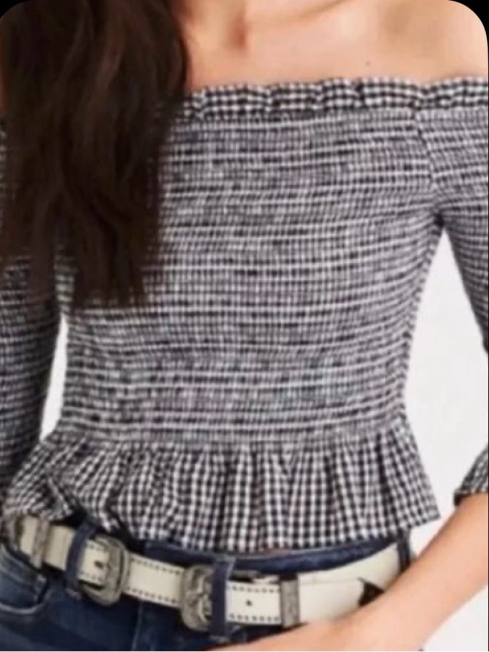 American Eagle Outfitters Black & White Gingham Off-Shoulder Smocked Peplum Top